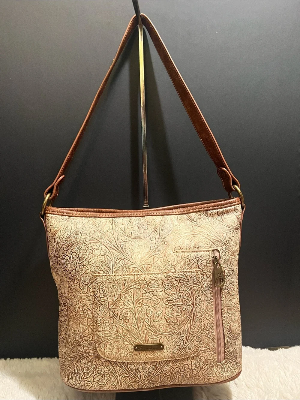 Montana West Tan and Cream Floral Embossed Western Shoulder Bag with Stud Cross
